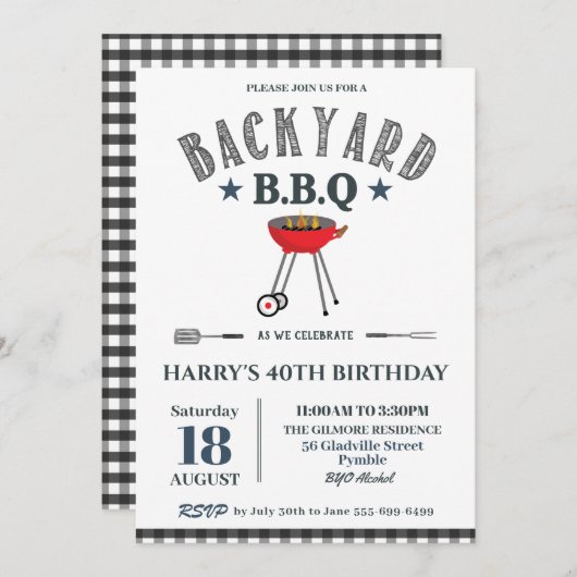 Backyard GRILLEN Male Birthday Black Gingham Einladung (Vorne/Hinten)