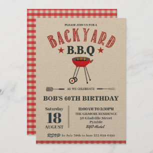 Backyard GRILLEN Male Birthday Red Gingham Craft Einladung