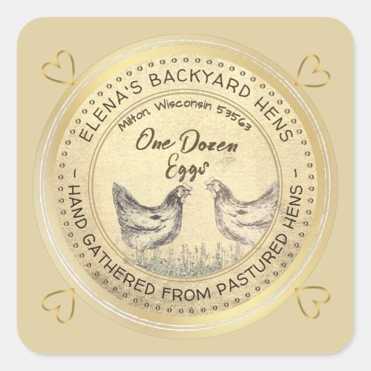 Backyard Hens Dutzend Eier Gold Grunge Label Quadratischer Aufkleber (Vorderseite)