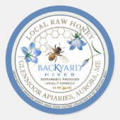 Backyard Hive Apiary Blue Blume Raw Honey Label Runder Aufkleber (Vorderseite)