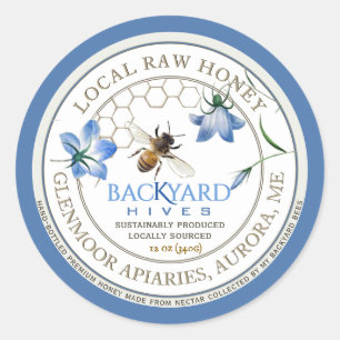 Backyard Hive Apiary Blue Blume Raw Honey Label Runder Aufkleber