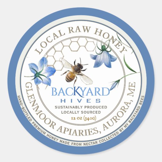 Backyard Hive Apiary Blue Blume Raw Honey Label Runder Aufkleber (Vorderseite)