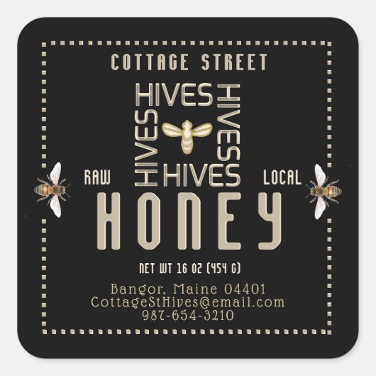 Backyard Local Hives Honey Label Black Bees Square Quadratischer Aufkleber (Vorderseite)