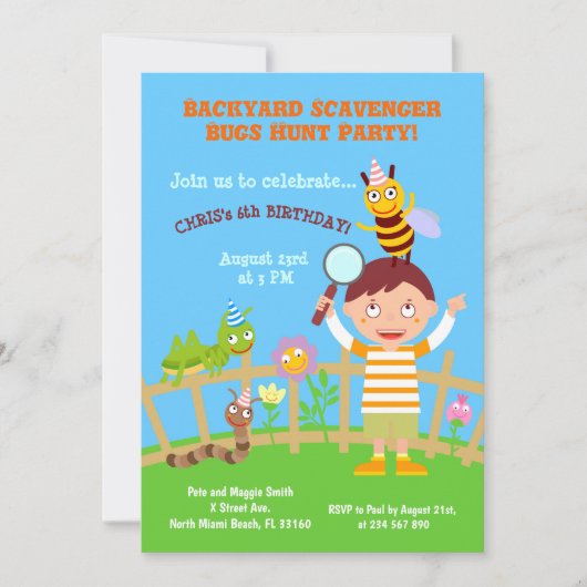 Backyard Scavenger Bug Jagd Birhtday Party Einladung (Vorderseite)