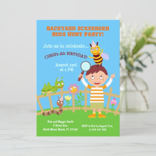 Backyard Scavenger Bug Jagd Birhtday Party Einladung (Stehend Vorderseite)