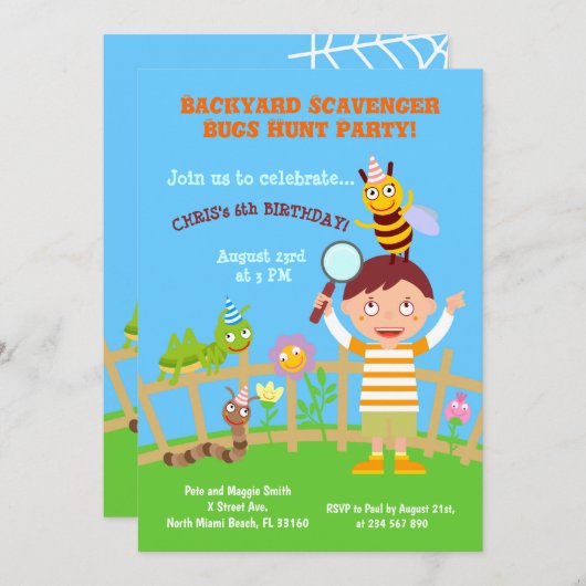 Backyard Scavenger Bug Jagd Birhtday Party Einladung (Vorne/Hinten)