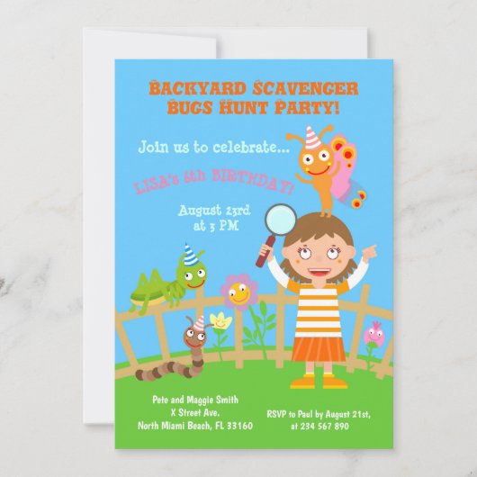 Backyard Scavenger Bug Jagd Birhtday Party Einladung (Vorderseite)