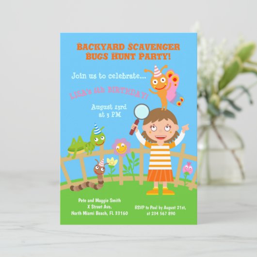 Backyard Scavenger Bug Jagd Birhtday Party Einladung (Stehend Vorderseite)