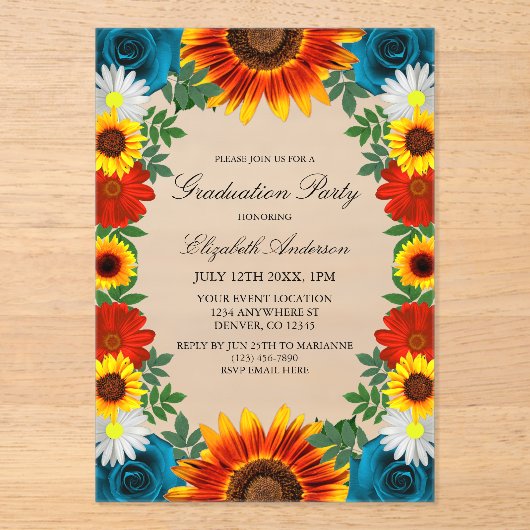 Backyard Summer Floral Graduation Party Acryleinladungen (Vorderseite)