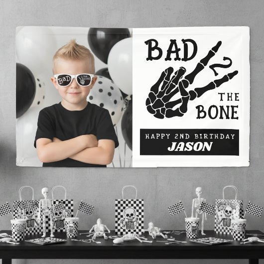 Bad 2 the Bone Skeleton Photo 2nd Birthday Party Banner