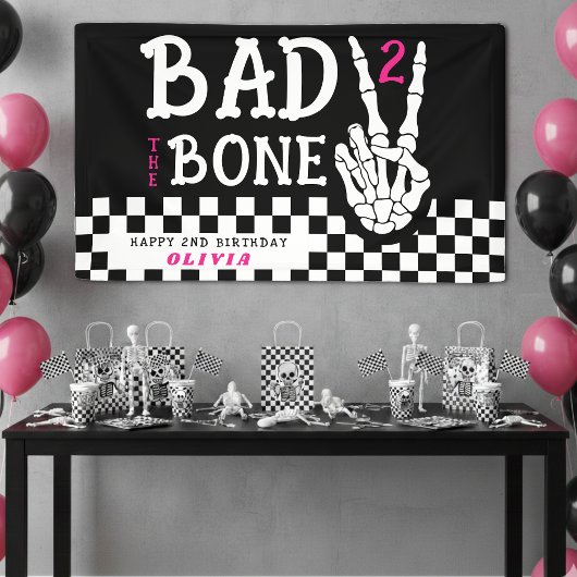 Bad 2 the Bone Skeleton Pink 2nd Birthday Party Banner