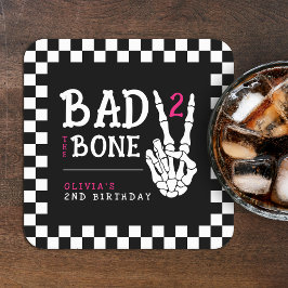 Bad 2 the Bone Skeleton Pink 2nd Birthday Party Rechteckiger Pappuntersetzer