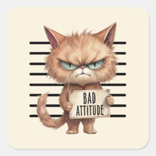 Bad Attitude Cat Mugshot - Funny Feline Design Quadratischer Aufkleber
