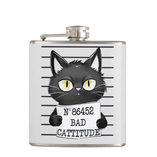 Bad Cattitude - Black Cat Mugshot Flachmann (Vorderseite)