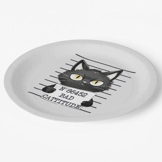 Bad Cattitude - Black Cat Mugshot Pappteller (Schrägansicht)