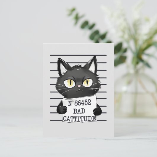 Bad Cattitude - Black Cat Mugshot Postkarte (Stehend Vorderseite)