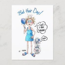 Bad Hair Day, blaues Kleid, bedrückter Ausdruck Postkarte