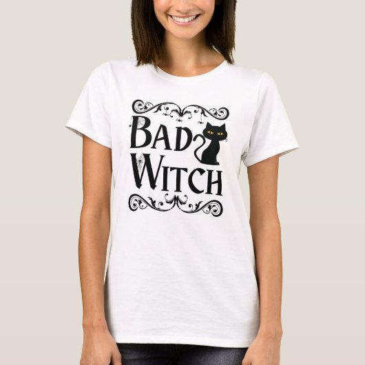 Bad Hexe Schwarze Katze Schwarz und Weiß Halloween T-Shirt (Vorderseite)