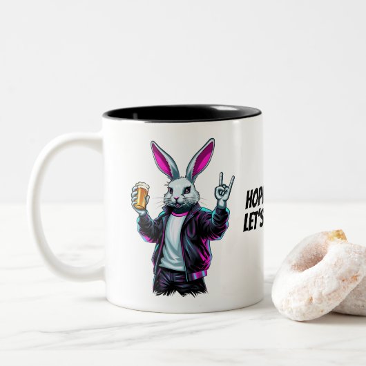 Bad Oaster Bunny! Hoppy Ostern, Lass's Have Fun! Zweifarbige Tasse (Mit Donut)