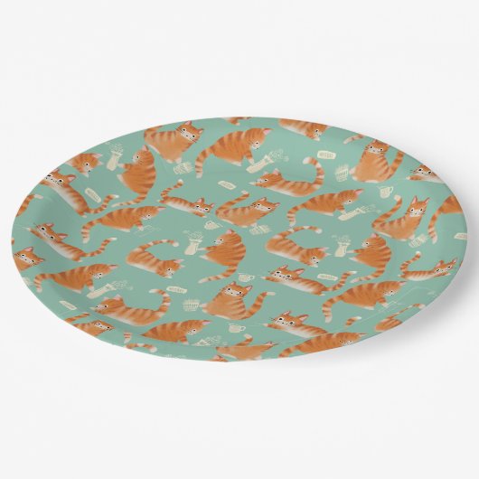 Bad Orange Tabby Katzen klopfen über Muster Pappteller (Schrägansicht)