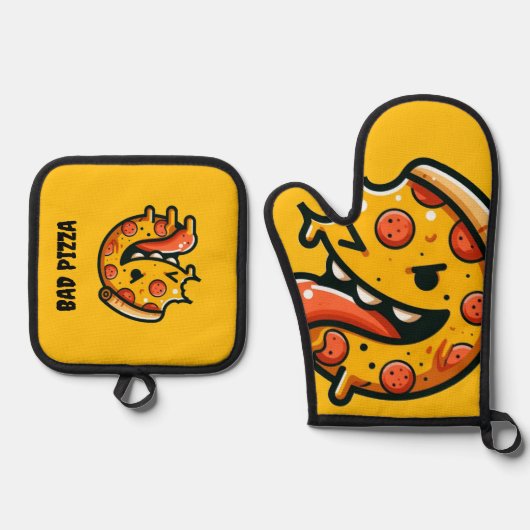 bad pizza funny food pepperoni italian ofenhandschuh & Topflappen-Set (Vorderseite)