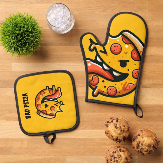 bad pizza funny food pepperoni italian ofenhandschuh & Topflappen-Set (Oben Unten)