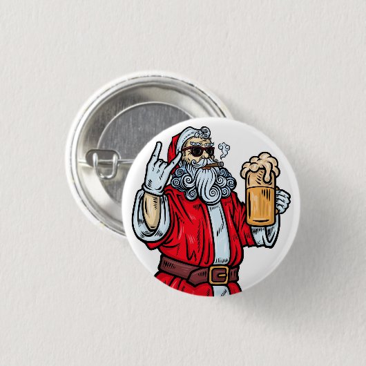 Bad Santa Claus, Rock, Bier und Zigar Button (Vorne & Hinten)