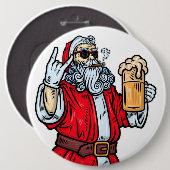 Bad Santa Claus, Rock, Bier und Zigar Button (Vorne & Hinten)