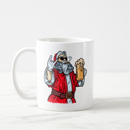 Bad Santa Claus, Rock, Bier und Zigar Kaffeetasse (Links)