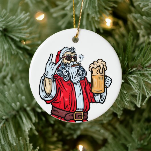 Bad Santa Claus, Rock, Bier und Zigar Keramik Ornament (Baum)