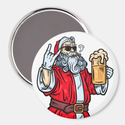 Bad Santa Claus, Rock, Bier und Zigar Magnet (Vorderseite/Rückseite)