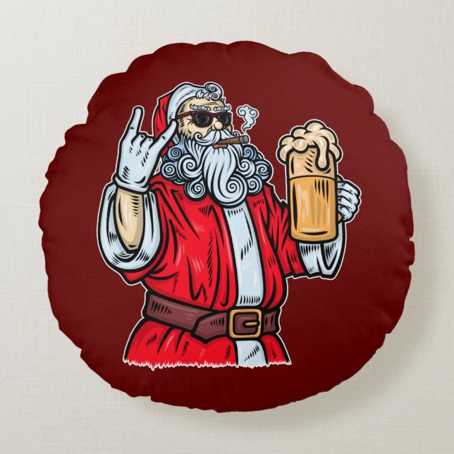 Bad Santa Claus, Rock, Bier und Zigar Rundes Kissen (Vorderseite)