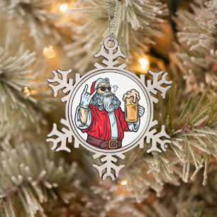 Bad Santa Claus, Rock, Bier und Zigar Schneeflocken Zinn-Ornament