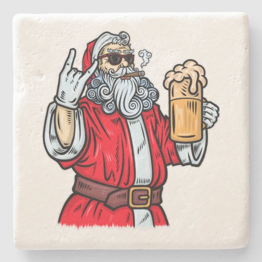 Bad Santa Claus, Rock, Bier und Zigar Steinuntersetzer (Vorderseite)
