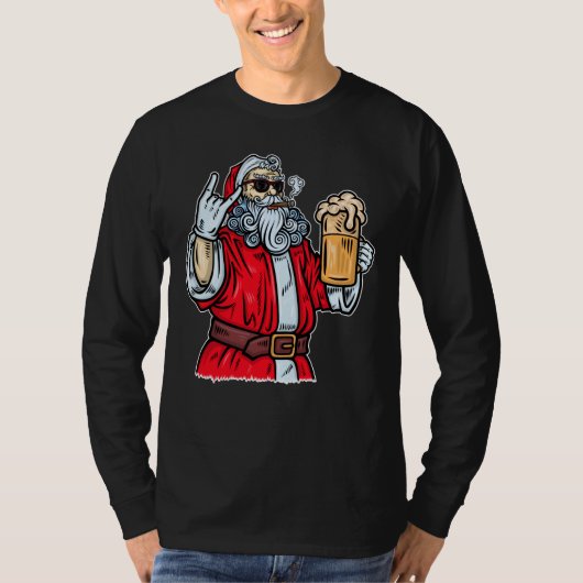 Bad Santa Claus, Rock, Bier und Zigar T-Shirt (Vorderseite)
