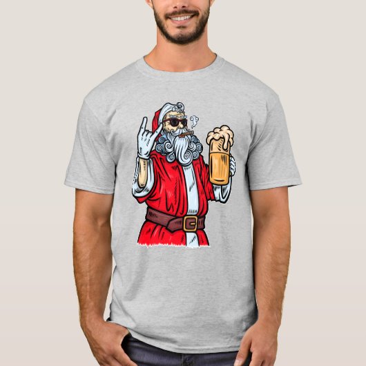 Bad Santa Claus, Rock, Bier und Zigar T-Shirt (Vorderseite)