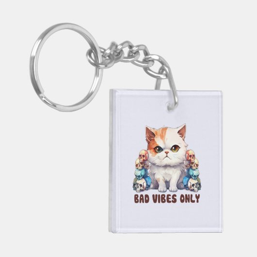 Bad Vibes only - Fierce Cat & Skulls Gothic Design Schlüsselanhänger (Vorderseite links)