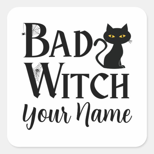 Bad Witch Black Cat Halloween Quadratischer Aufkleber (Vorderseite)