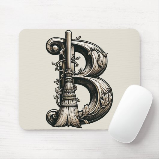 Bad Witch Witchy Broom Letter B Custom Initial Mousepad (Mit Mouse)