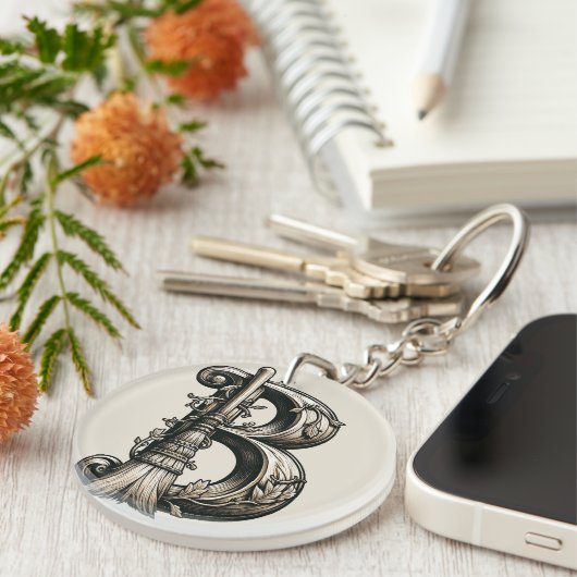 Bad Witch Witchy Broom Letter B Custom Initial Schlüsselanhänger (Vorderseite rechts)