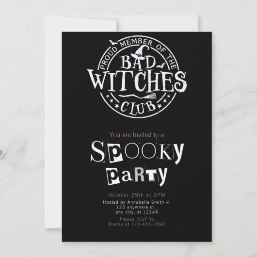 Bad Witches Club Minimalistisches Halloween-Party Einladung (Vorderseite)