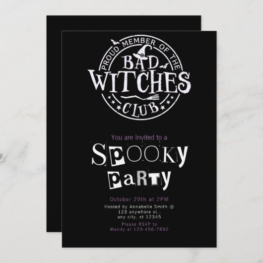 Bad Witches Club Minimalistisches Halloween-Party Einladung (Vorne/Hinten)