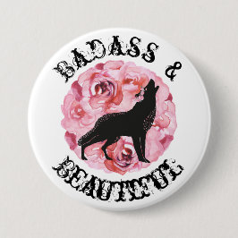 Badass und schöner schwarzer Wolf und Rosen-Knopf Button