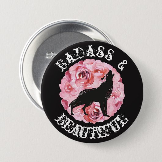 Badass und schöner Wolf und Rosen-schwarzer Knopf Button (Vorne & Hinten)