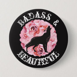 Badass und schöner Wolf und Rosen-schwarzer Knopf Button