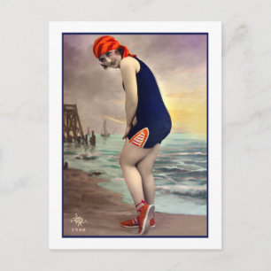 Badeanzug-Schönheit in navy und orange Postkarte