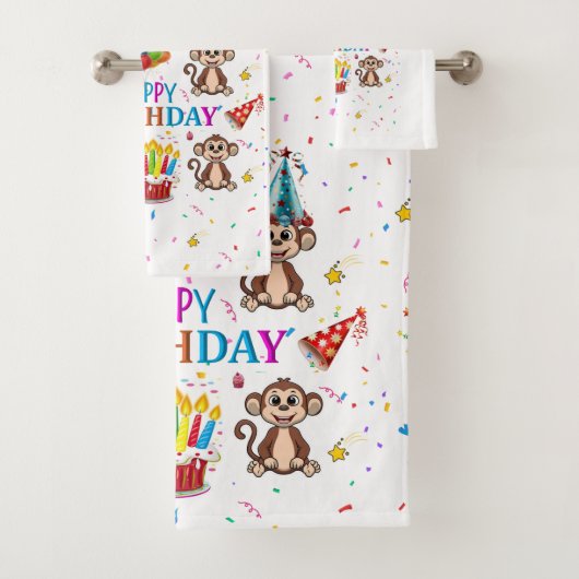 Badehandtücher-Sets, Happy Birthday Monkey Cupcake Badhandtuch Set (Insitu)