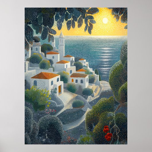 Badeort bei Sonnenuntergang im Pointillistischen S Poster (Vorne)