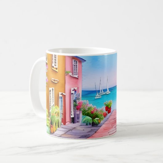 Badeort Sunset Watercolor Kaffeetasse (Vorderseite Links)