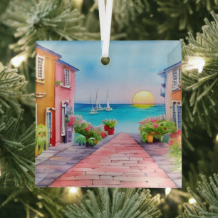 Badeort Sunset Watercolor Ornament Aus Glas
